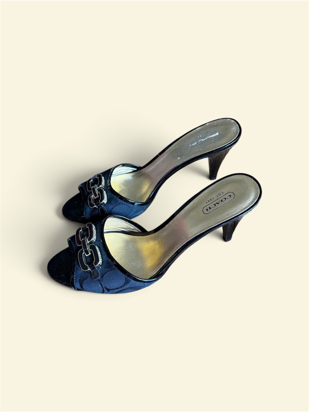 Vintage COACH Women's Navy Open-Toe Chain-Accent Heels